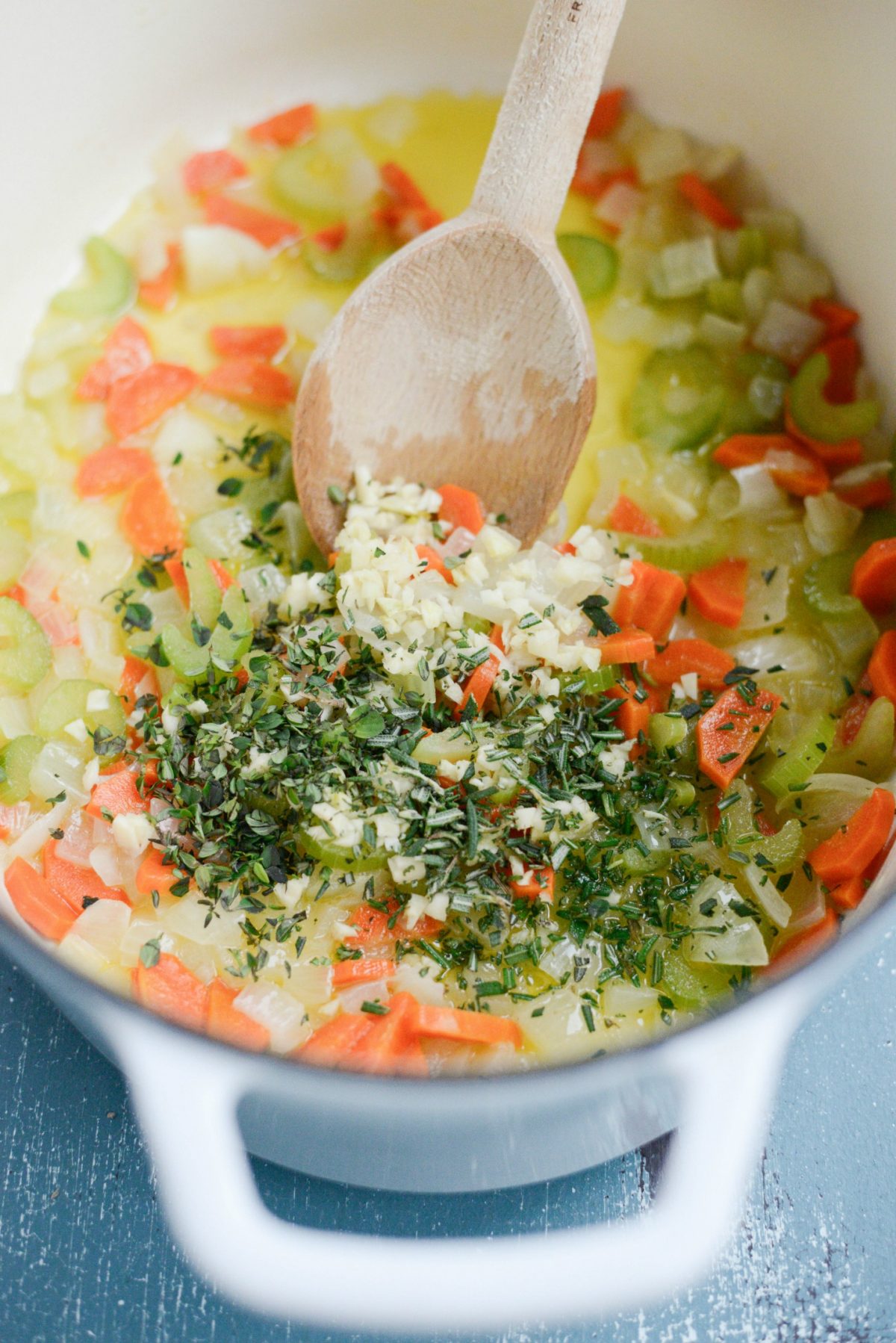 garlic and herbs added to sautéed veggies.