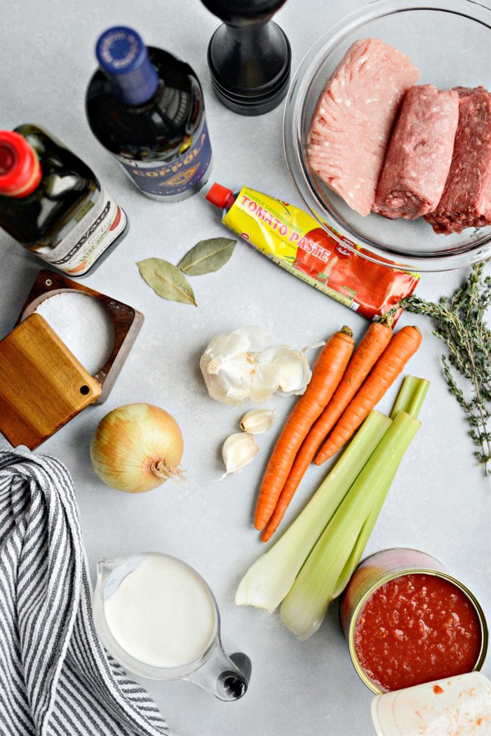 ingredients for Homemade Three Meat Bolognese Lasagna