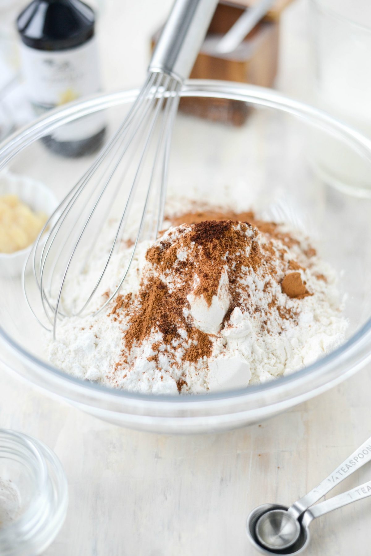 dry ingredients measured into a mixing bowl