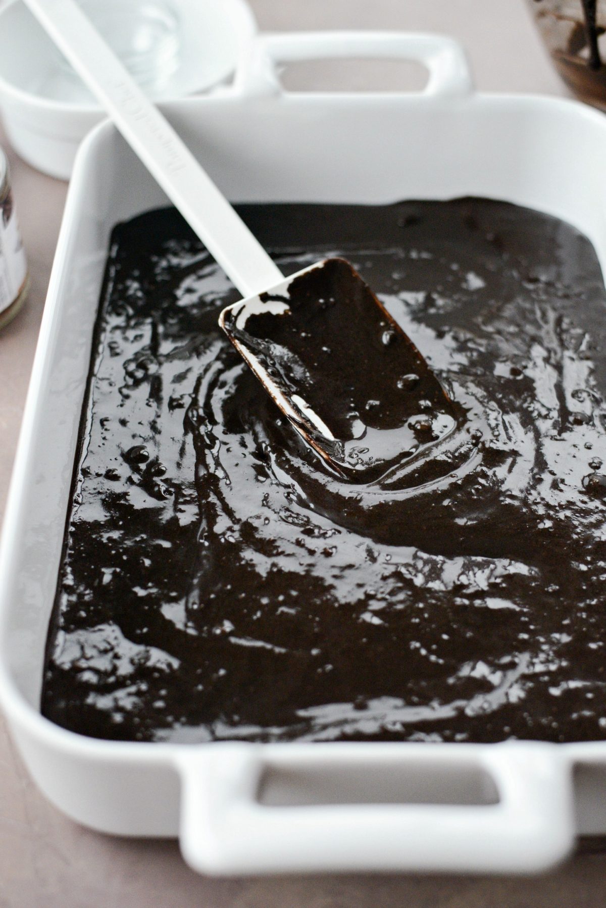 Pour the chocolate cake batter into un-greased pan.