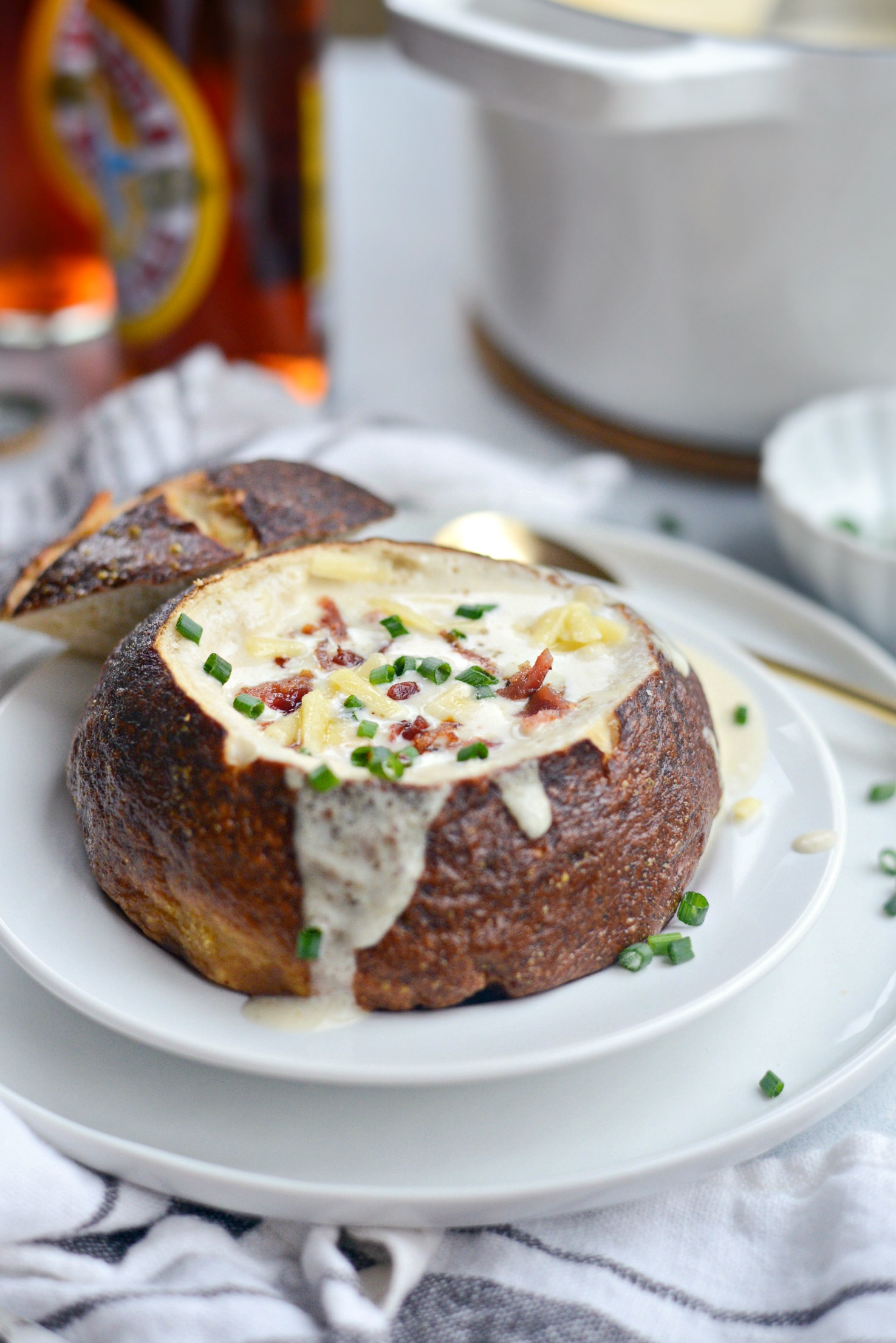 Irish Cheddar Beer Soup in a Pretzel Bowl - Simply Scratch