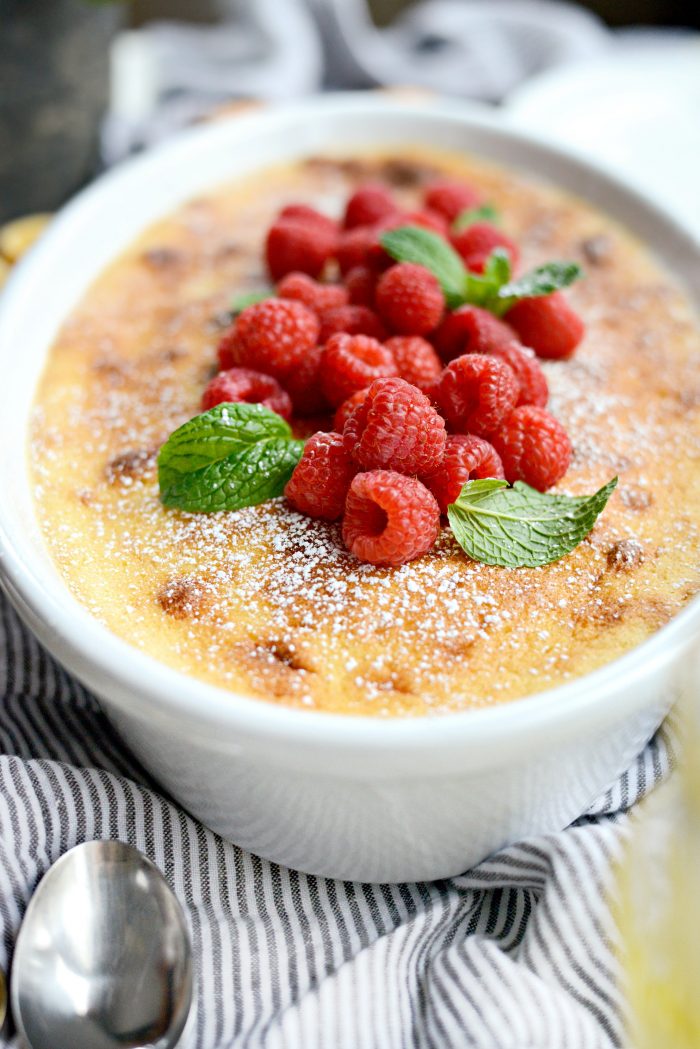 Meyer Lemon Pudding Cake with raspberries