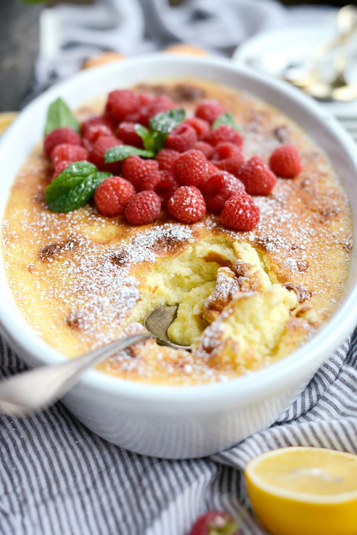 close up of spoonful of Meyer Lemon Pudding Cake