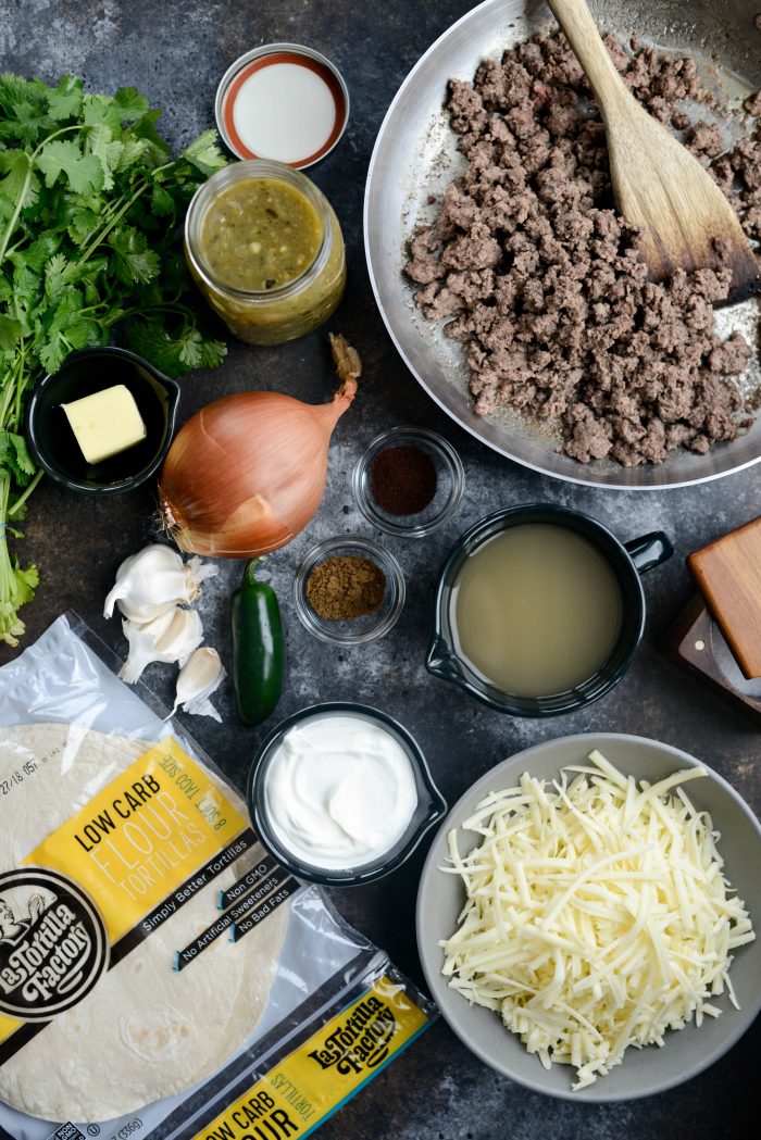 ingredients for Cheesy Beef Enchiladas Verde