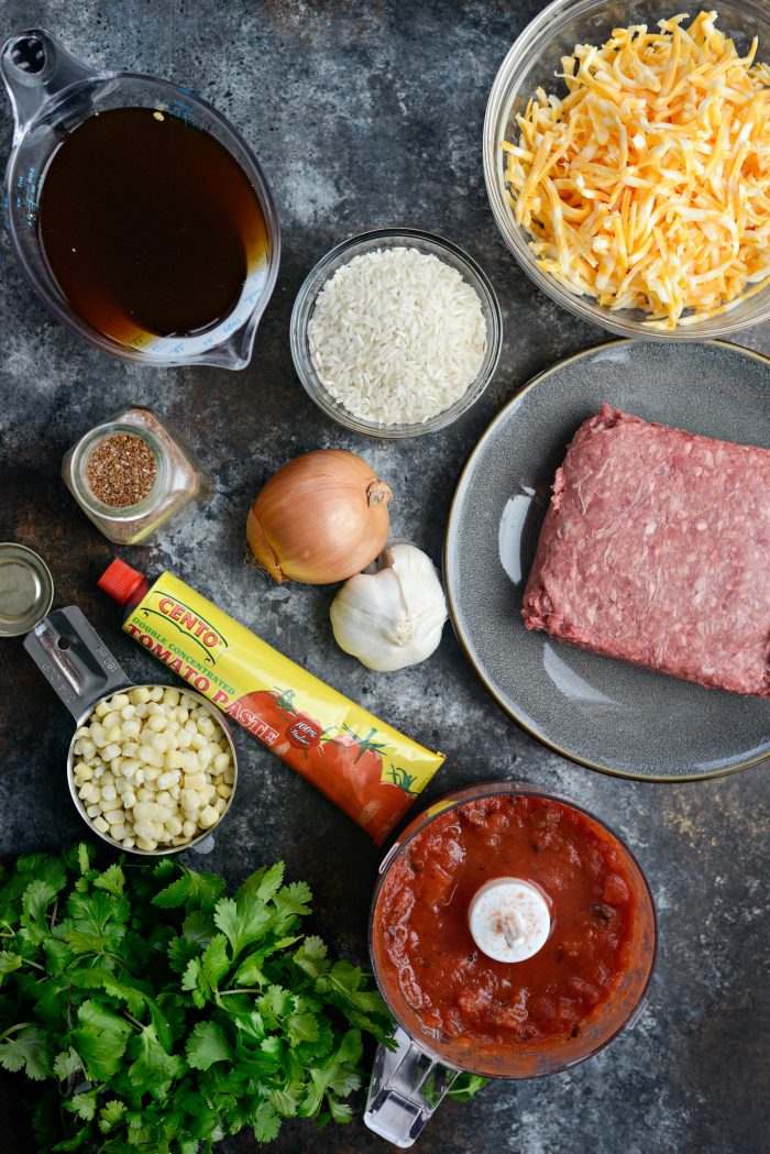 ingredients for Cheesy Mexican Beef and Rice Skillet