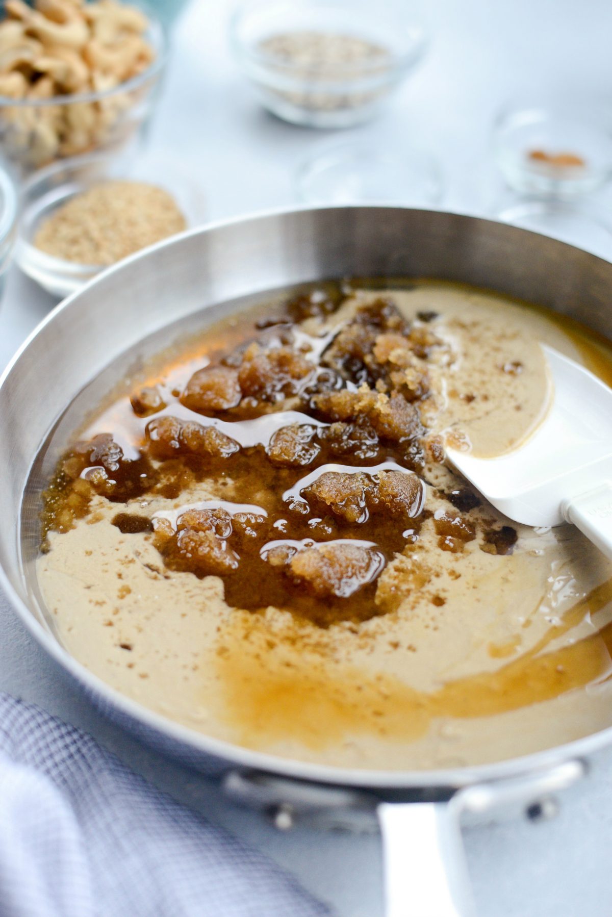 combine; tahini, coconut oil, light brown sugar, honey and toasted sesame oil to a skillet.