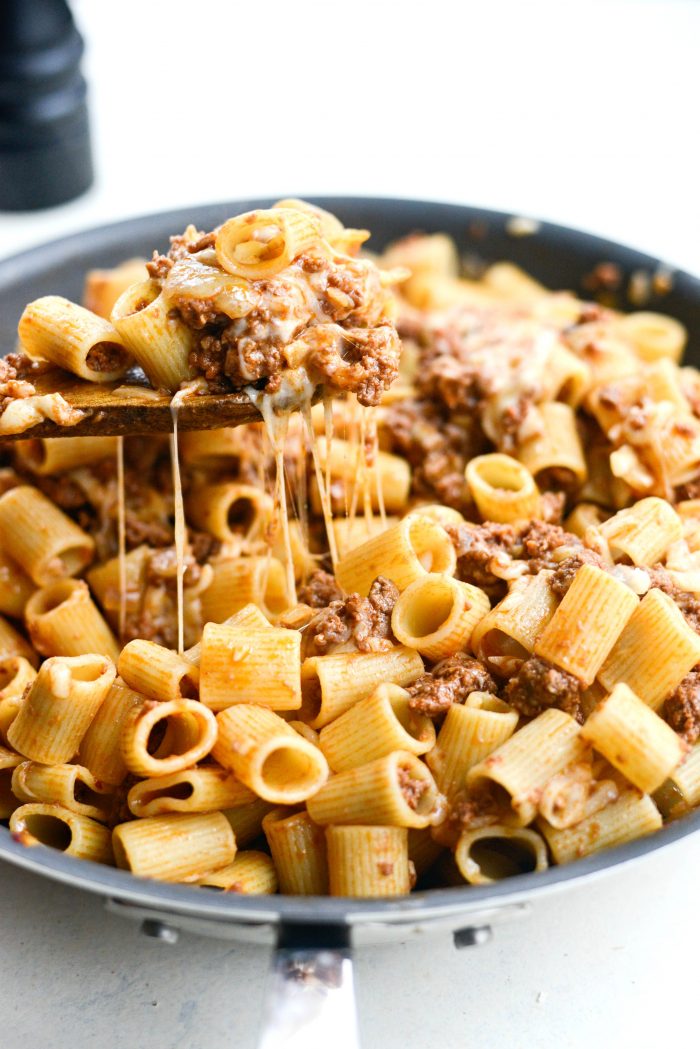 serving Easy Cheesy Beef Pasta Skillet