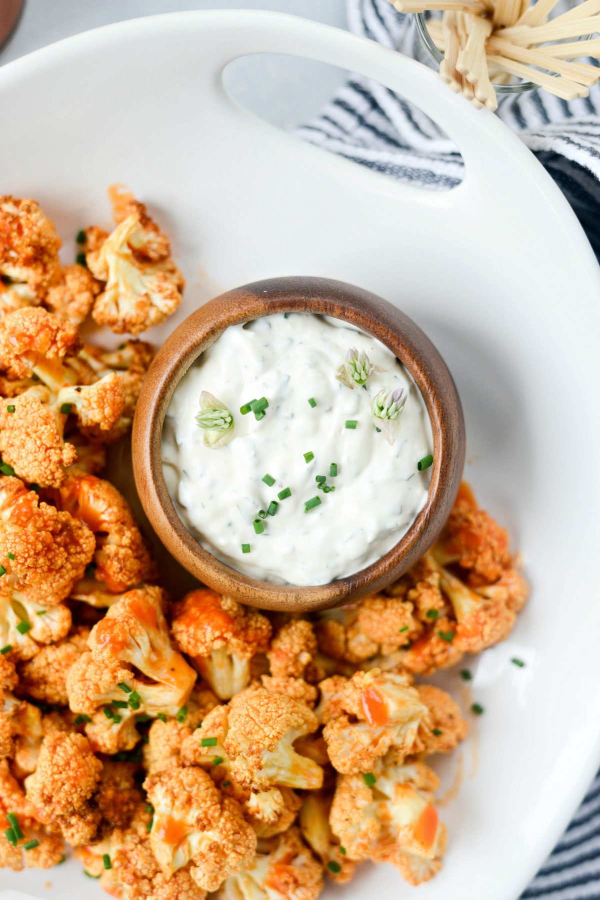 Air Fryer Buffalo Cauliflower Bites with Garlic Blue Cheese Dip l SimplyScratch.com