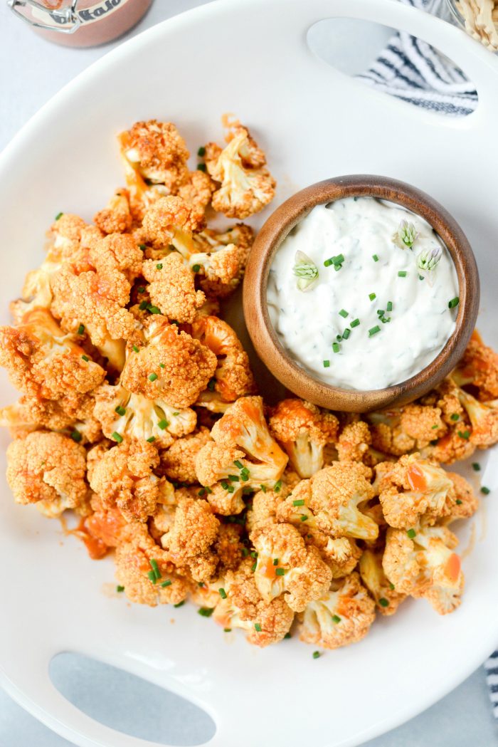 Air Fryer Buffalo Cauliflower Bites with Garlic Blue Cheese Dip l SimplyScratch.com