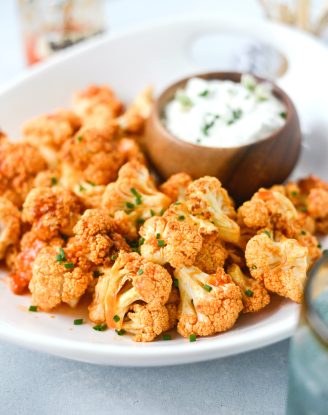 Air Fryer Buffalo Cauliflower Bites with Garlic Blue Cheese Dip l SimplyScratch.com