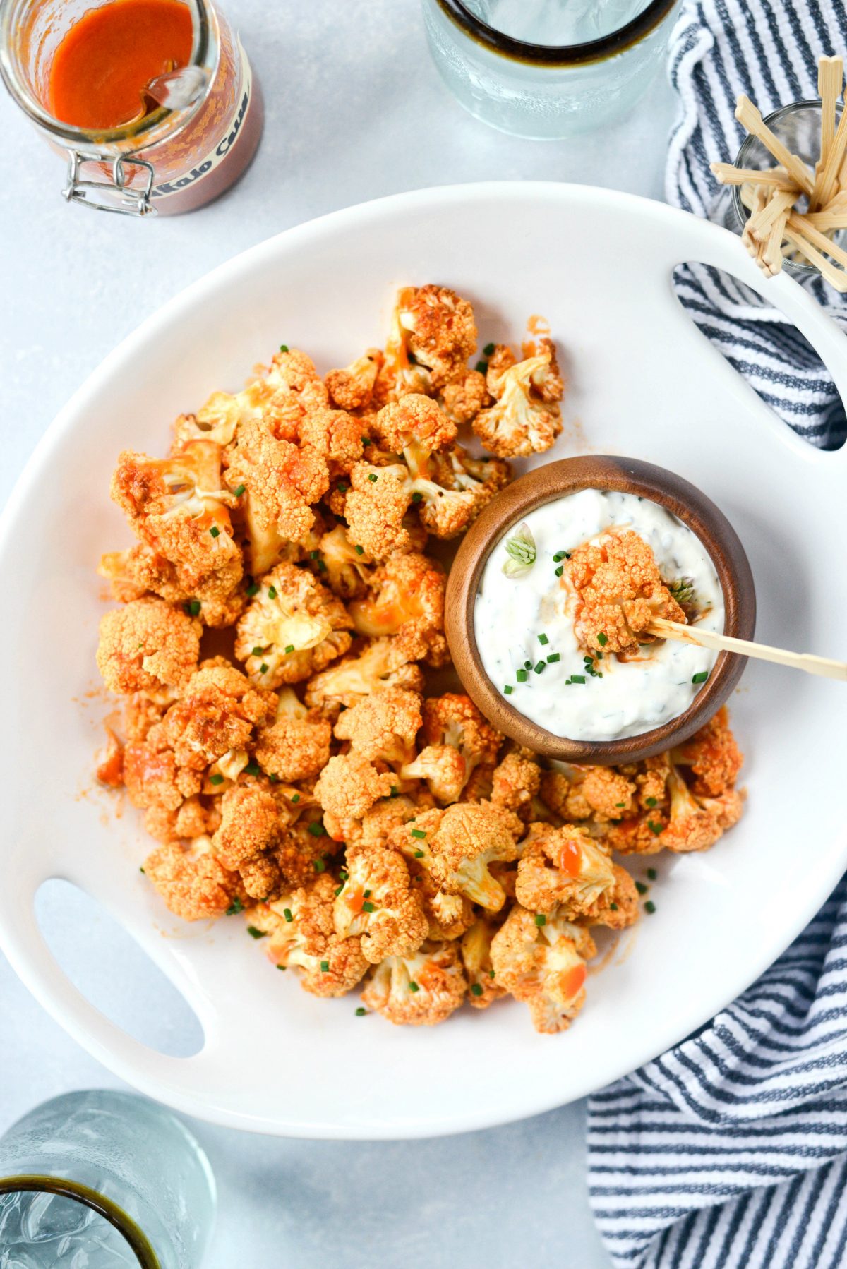 Air Fryer Buffalo Cauliflower Bites with Garlic Blue Cheese Dip l SimplyScratch.com