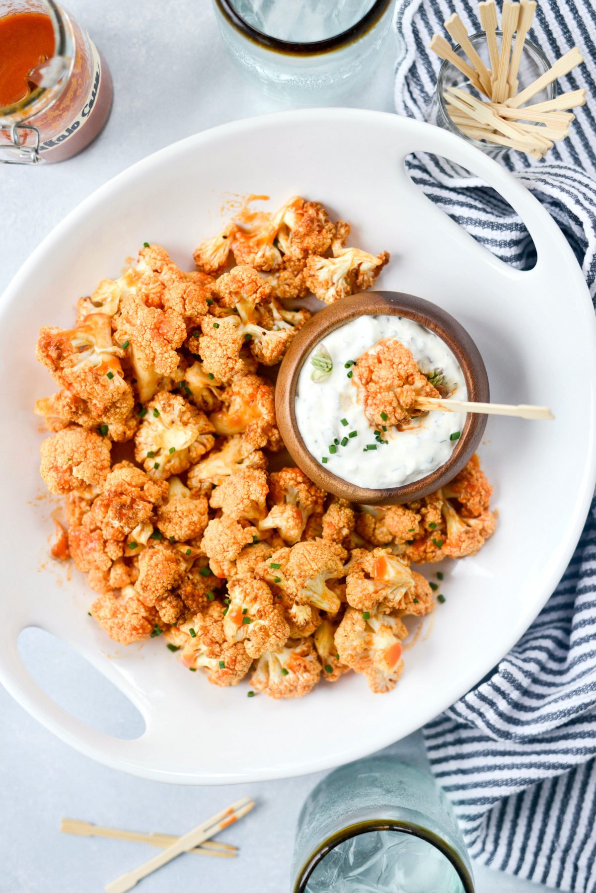 Air Fryer Buffalo Cauliflower Bites with Garlic Blue Cheese Dip l SimplyScratch.com