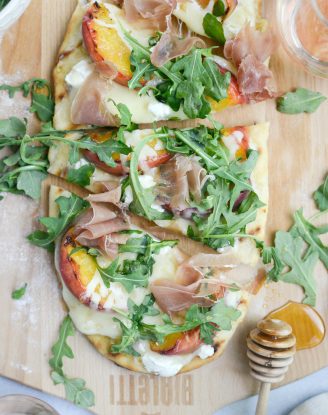 Grilled Peach, Goat Cheese and Prosciutto Flatbread