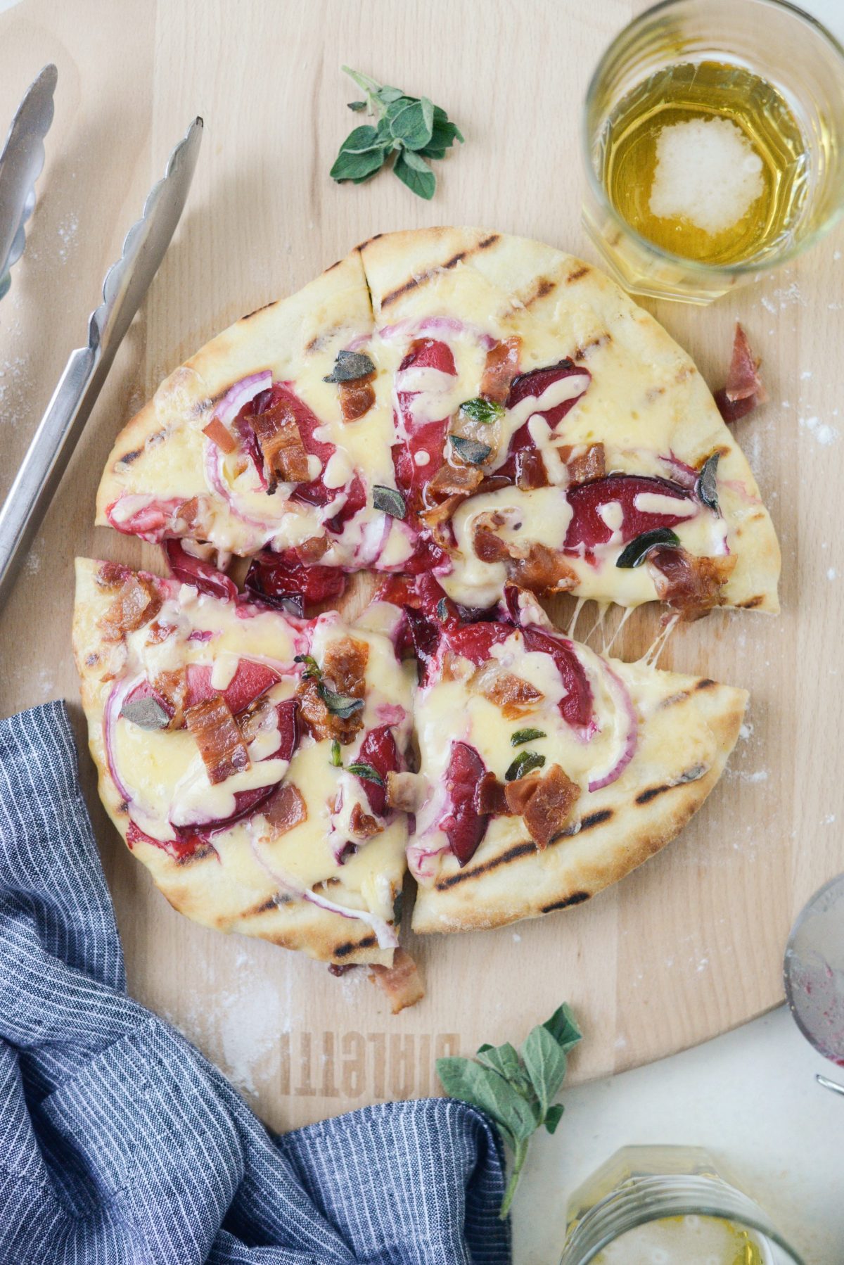 Bacon Plum Grilled Flatbread cut into pieces