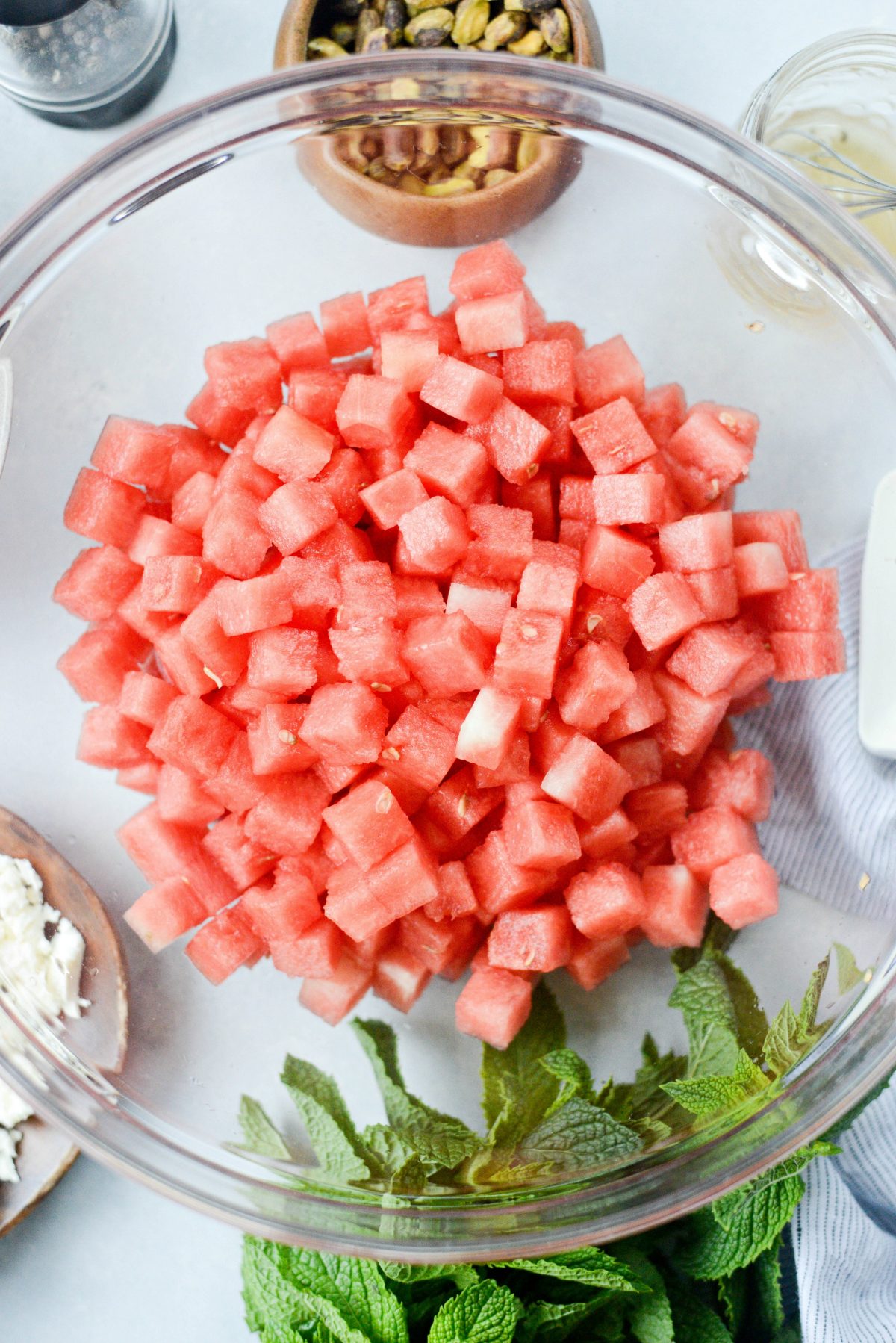 cubed watermelon in a bowl.