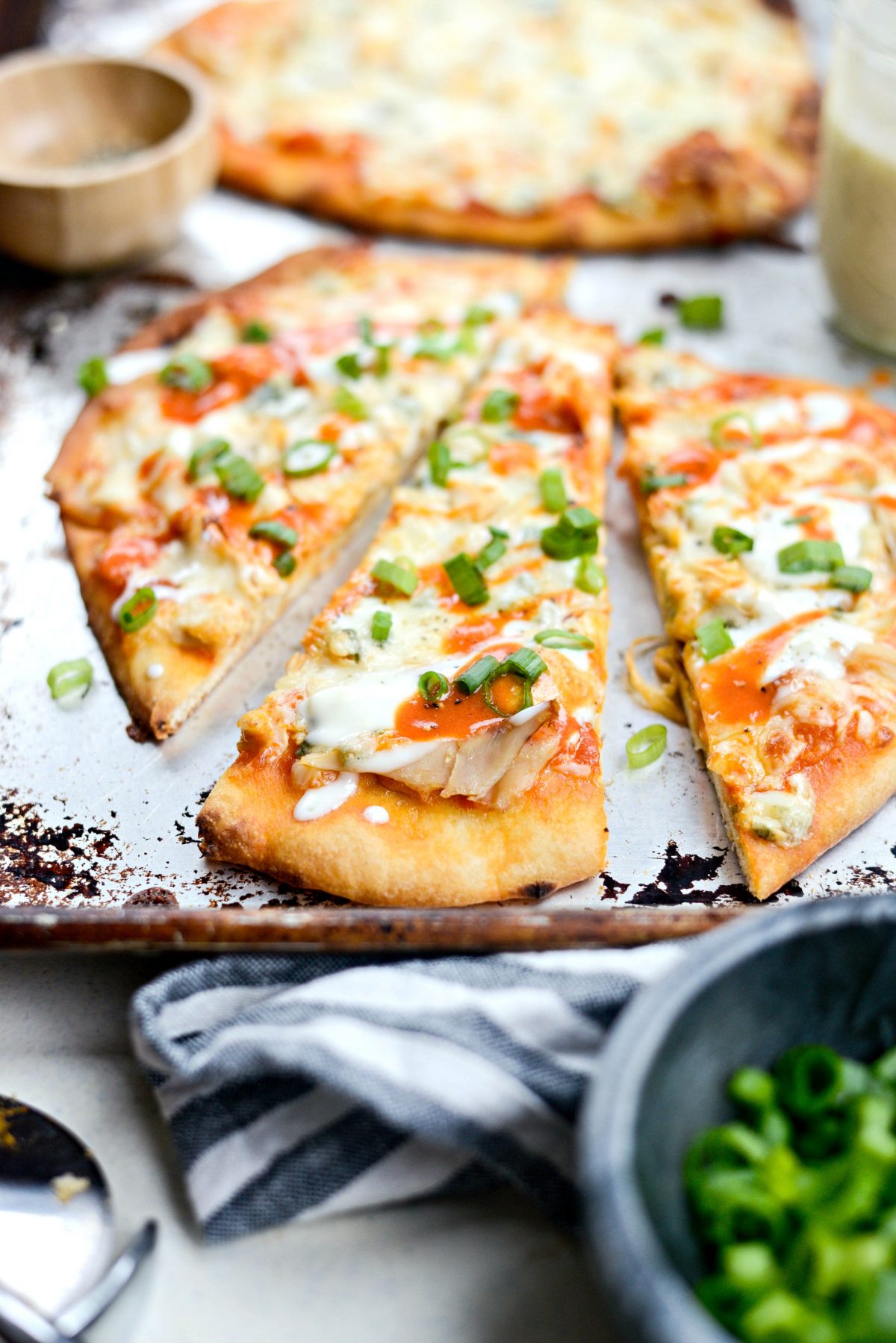 Buffalo Chicken Flatbread Pizzas sliced