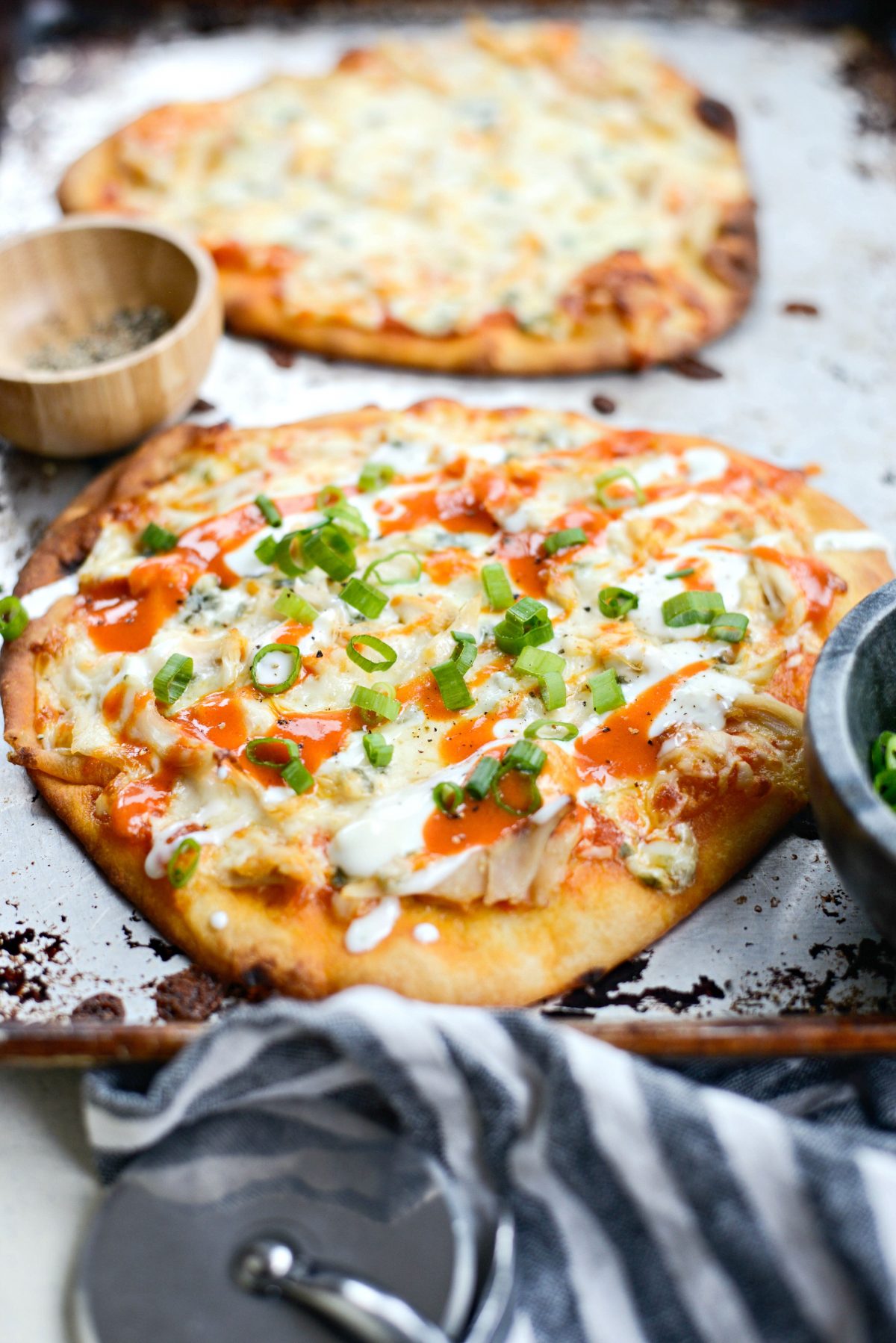 Buffalo Chicken Flatbread Pizzas with green onions