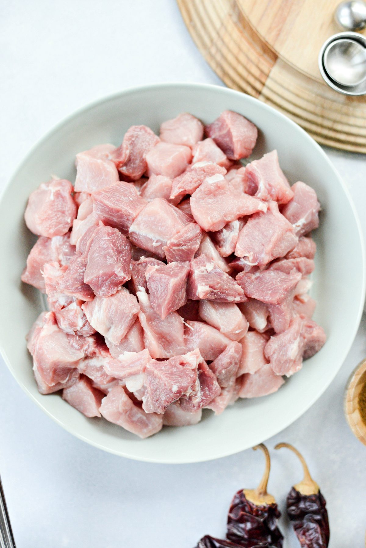 diced pork in bowl.