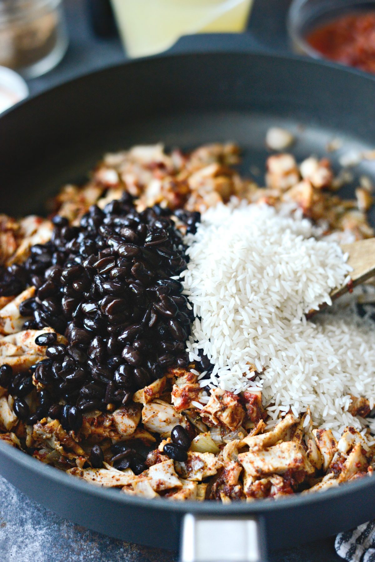 add drained black beans and rice