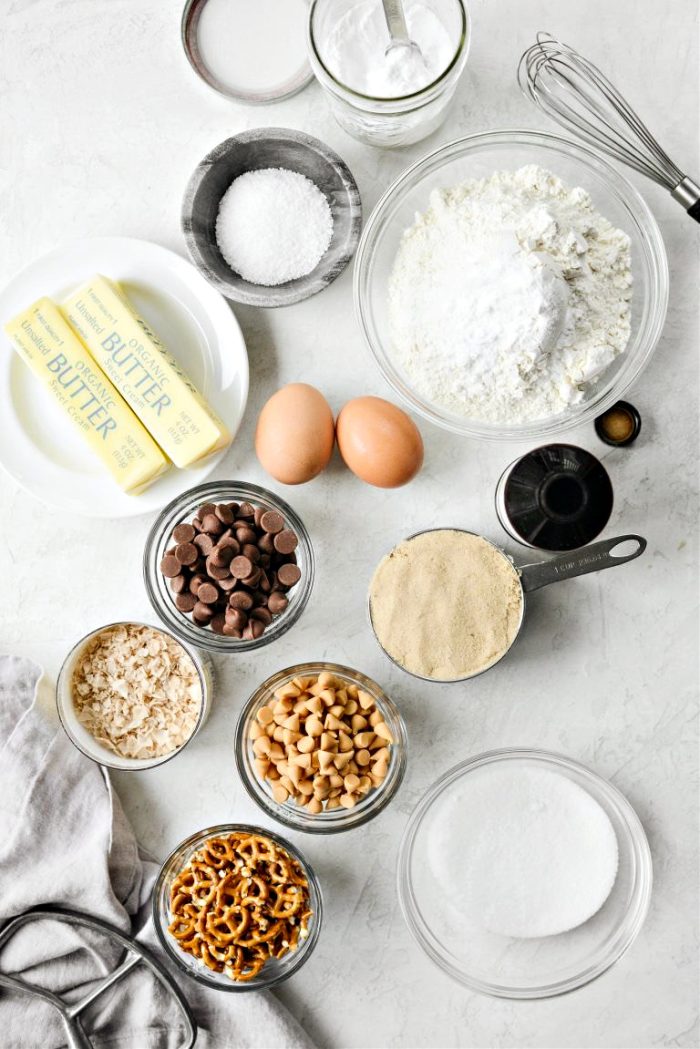 ingredients for Sea Salt Chocolate Chip Butterscotch Pretzel Cookies