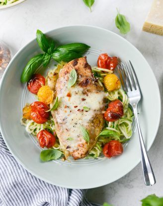 Sheet Pan Balsamic Basil Chicken with Burst Tomatoes l SimplyScratch.com