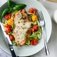 Sheet Pan Balsamic Basil Chicken with Burst Tomatoes l SimplyScratch.com