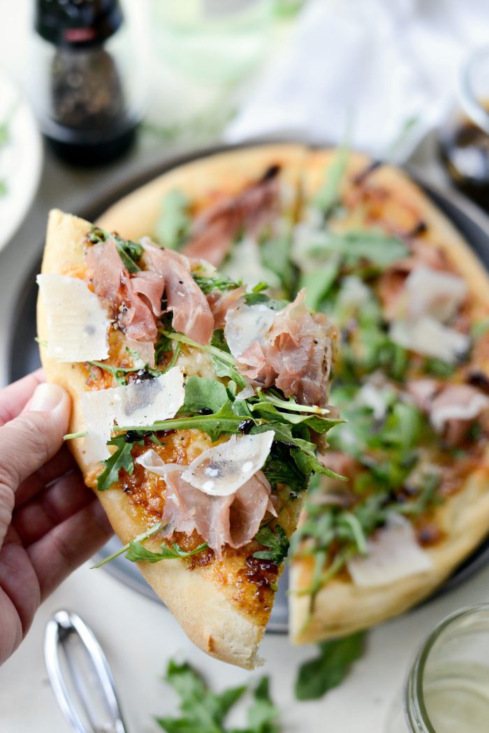 Fig Jam Prosciutto Pizza with Parmesan and Arugula
