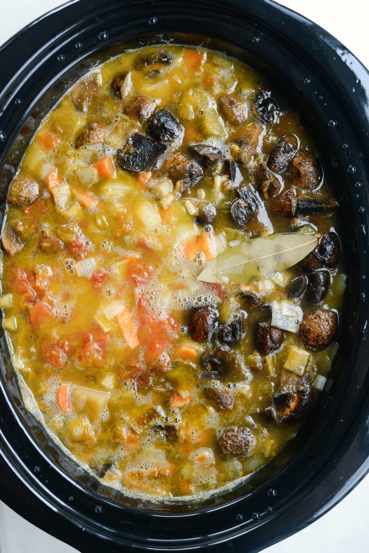 Slow Cooker Mushroom Barley Stew in the slow cooker