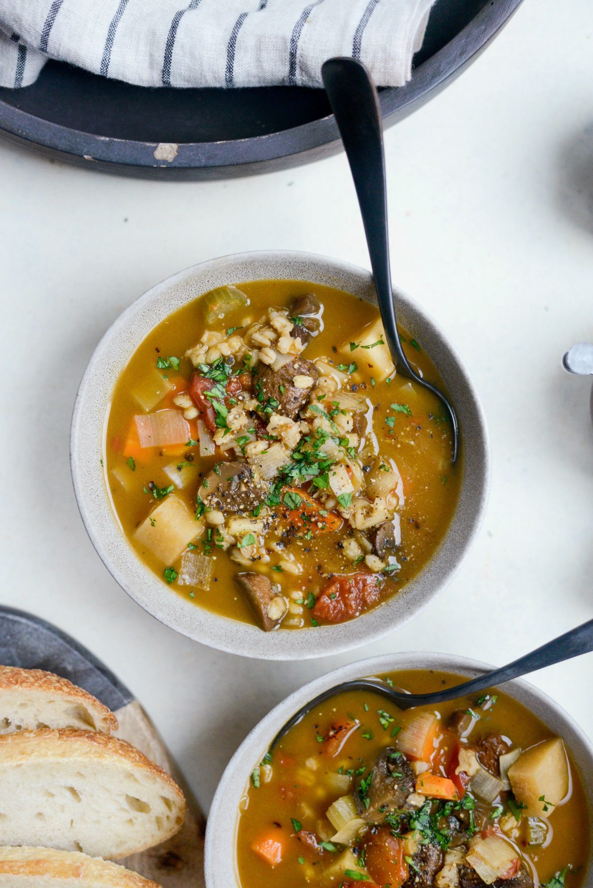 bowls of Slow Cooker Mushroom Barley Stew