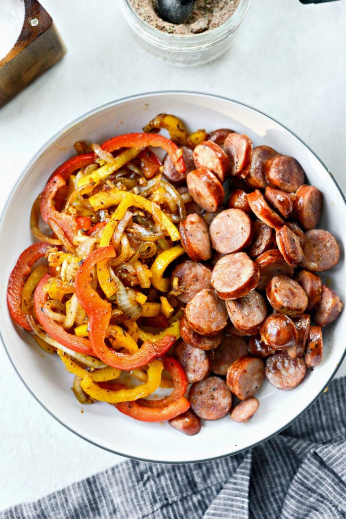 transfer peppers to bowl with browned andouille.