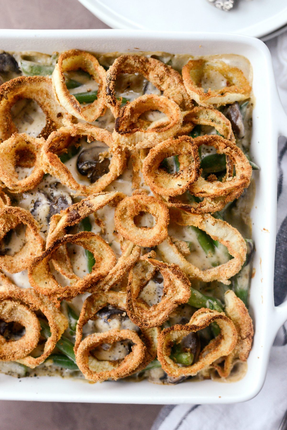 Fresh Green Bean Casserole with Onion Ring Topping