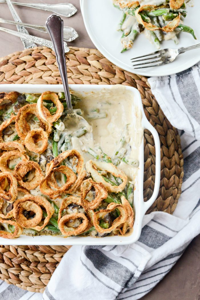 Fresh Green Bean Casserole with Onion Ring Topping l SimplyScratch.com