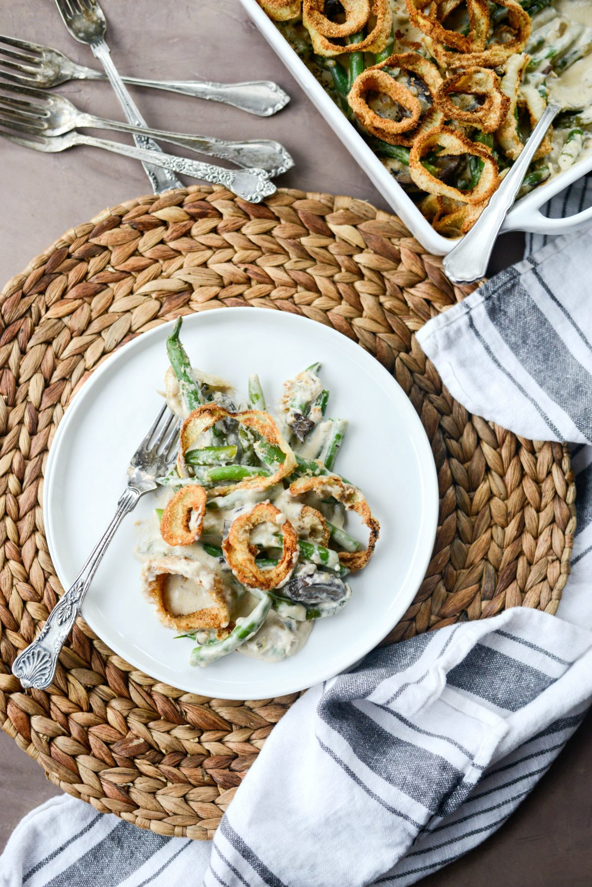 Fresh Green Bean Casserole with Onion Ring Topping