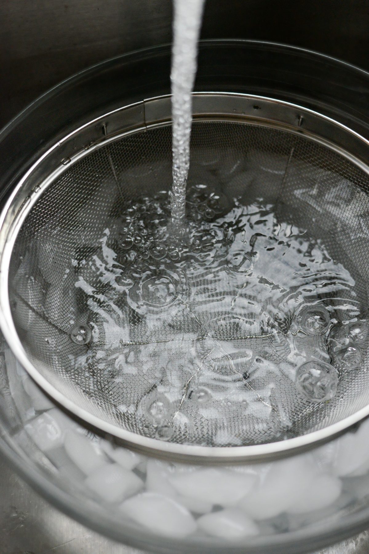 fill a bowl with ice, place a mesh sieve on top and fill with cold water. aka an ice bath