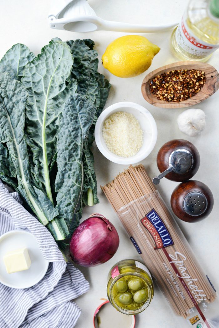 Lemon Parmesan and Kale Spaghetti with Olives ingredients