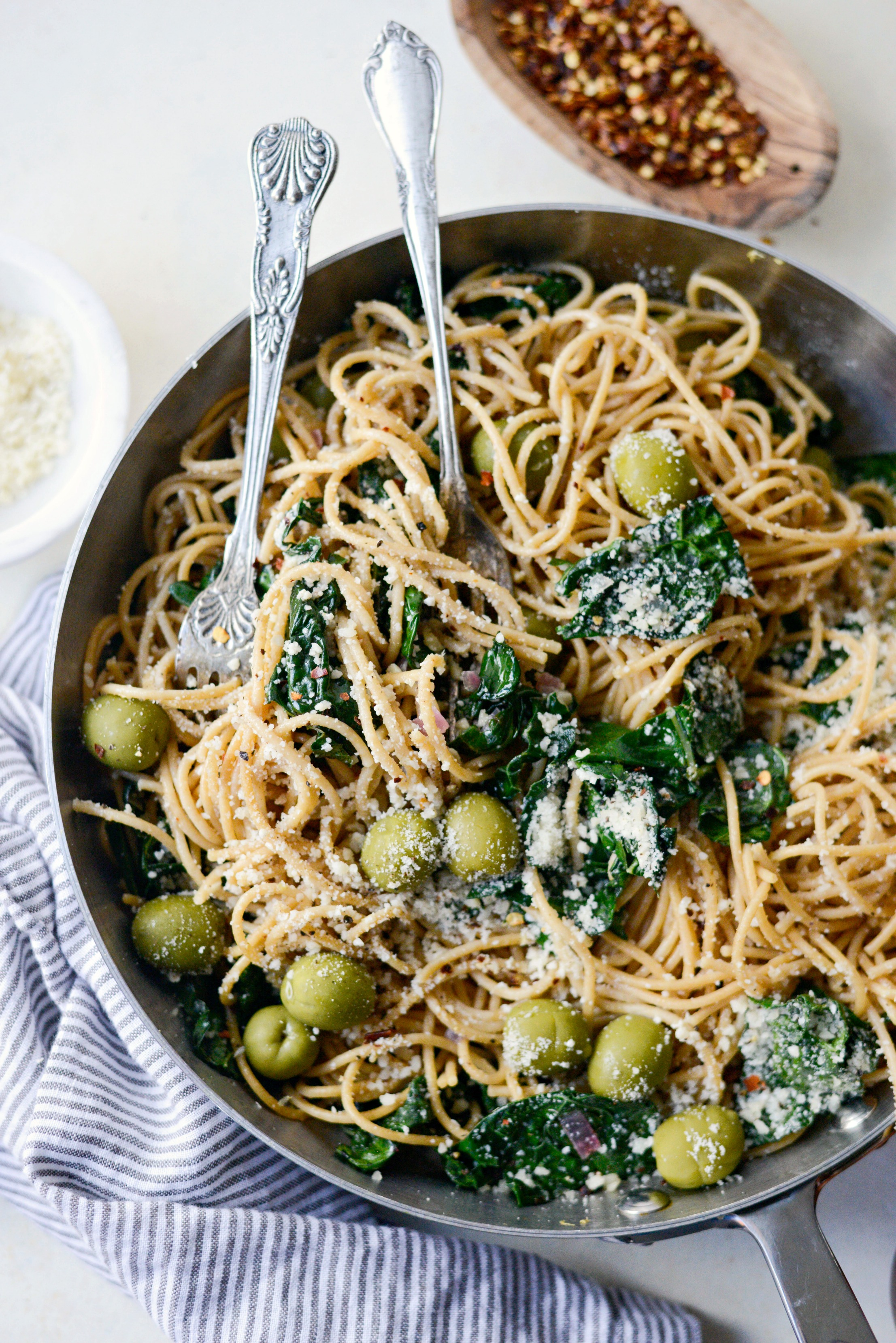Lemon Parmesan and Kale Spaghetti with Olives - Simply Scratch