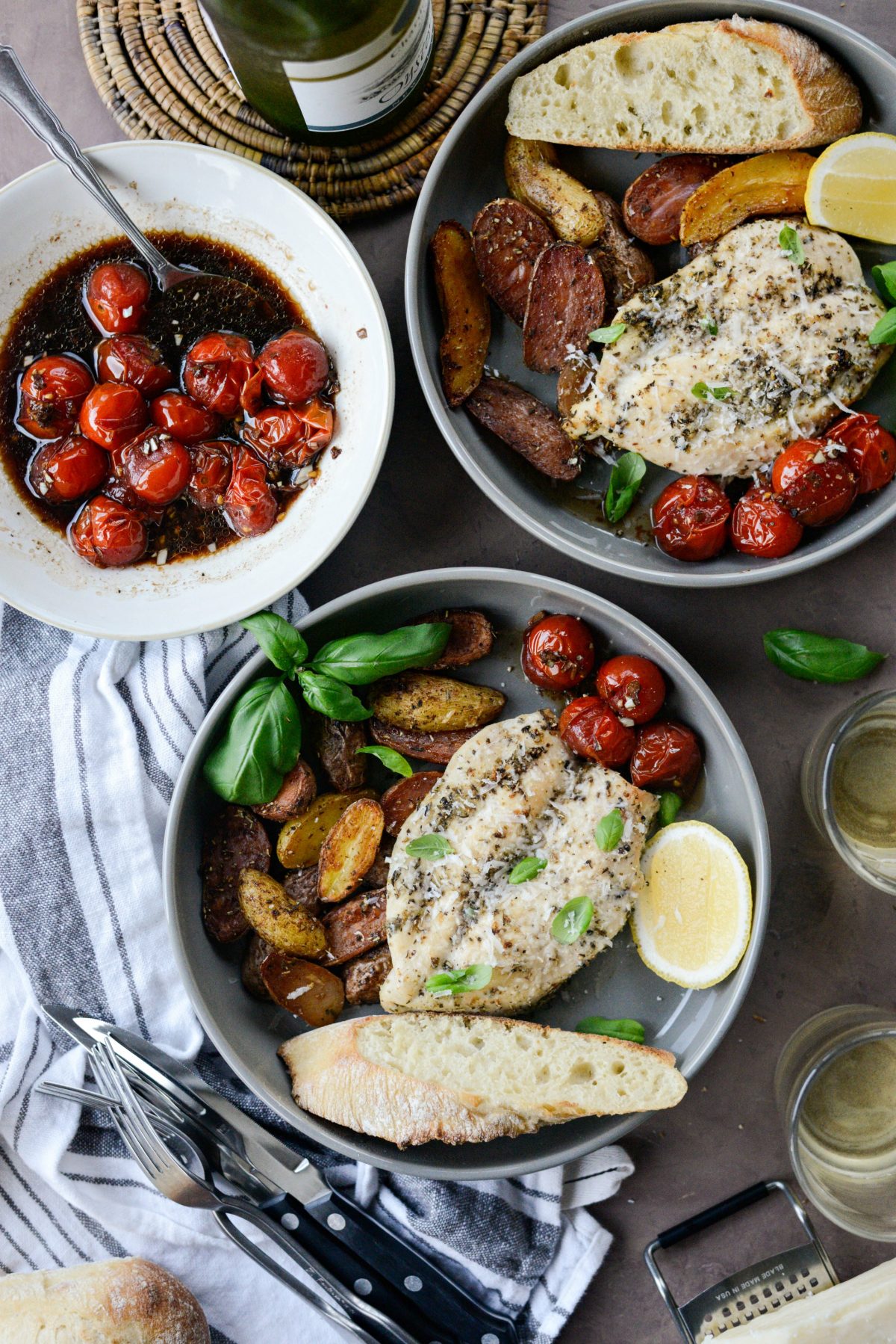 Tuscan Chicken and Potato Sheet Pan Dinner with Balsamic Burst Tomatoes