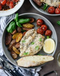 Tuscan Chicken and Potato Sheet Pan Dinner with Balsamic Burst Tomatoes