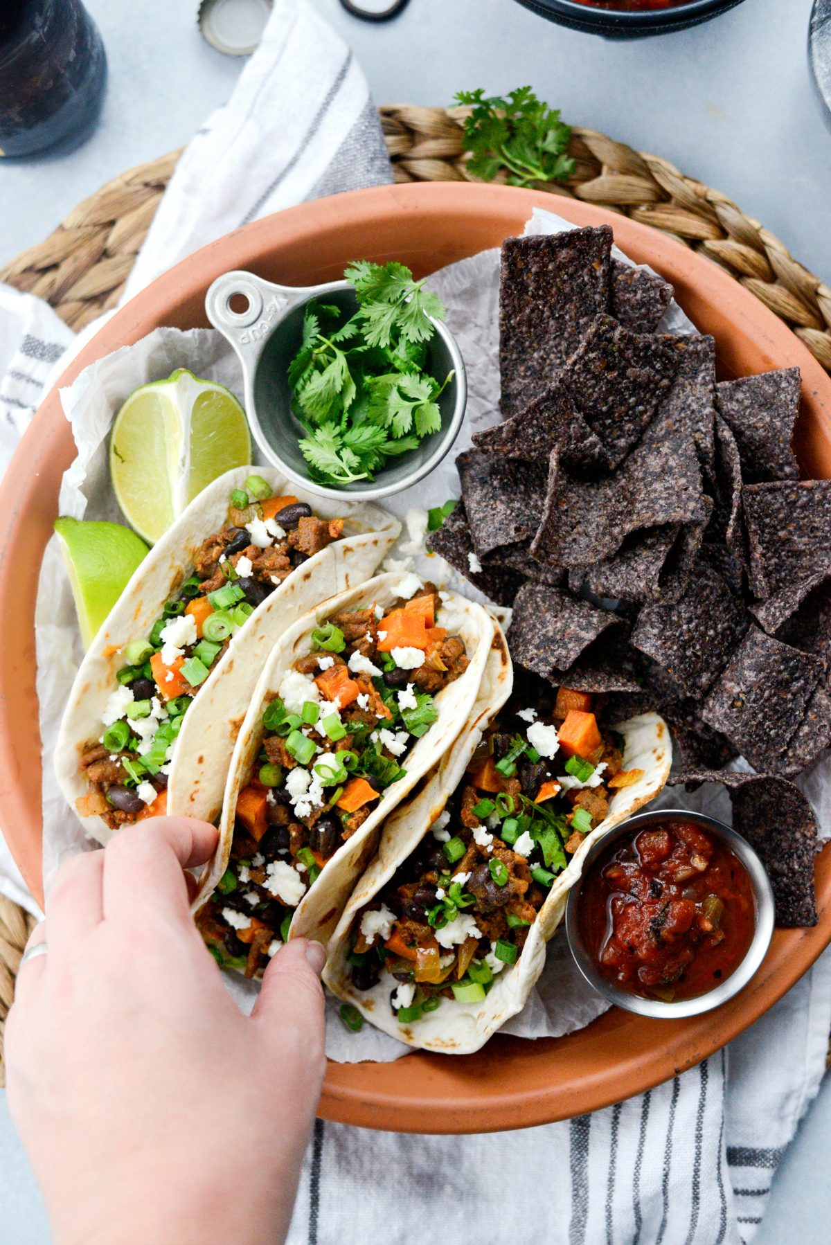 Chorizo Sweet Potato Black Bean Tacos with chips and salsa