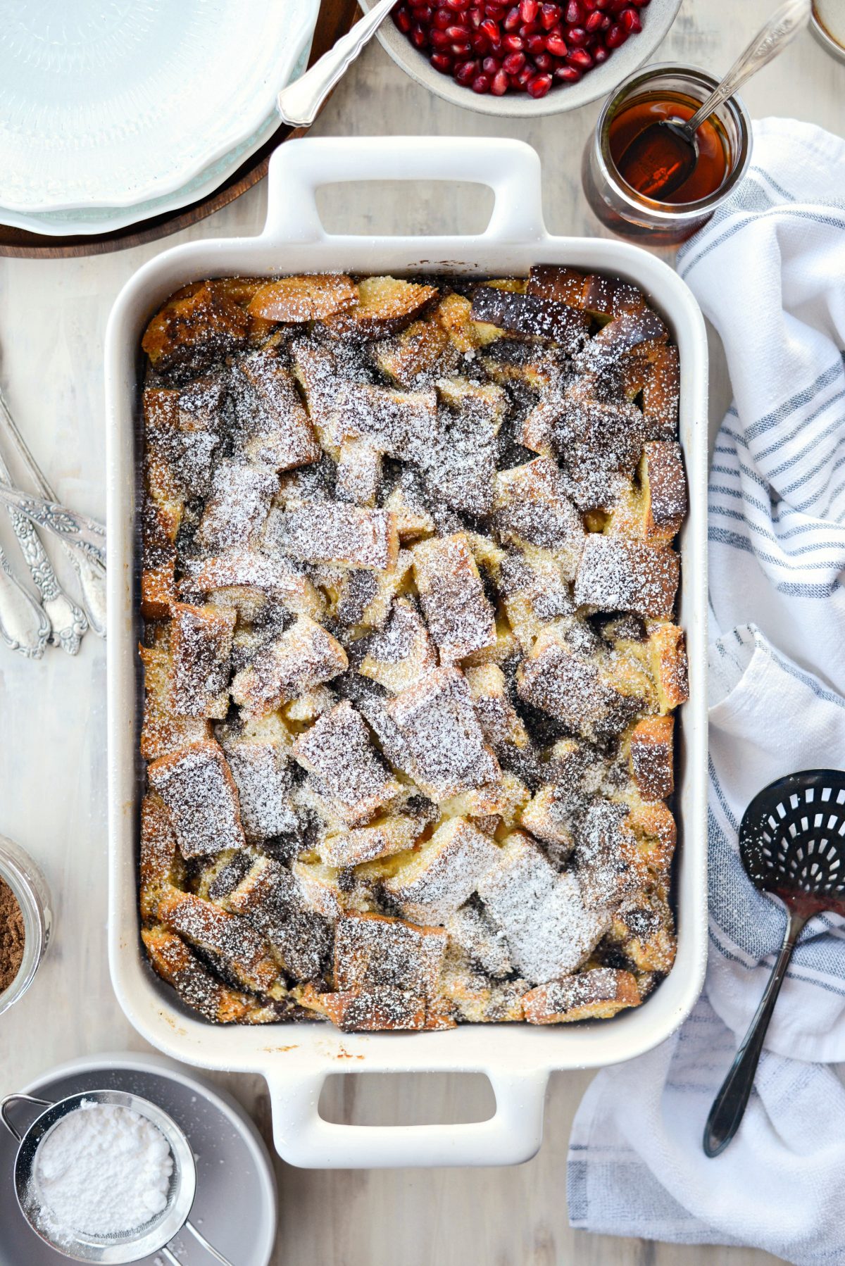 Gingerbread French Toast Bake dusted with powdered sugar