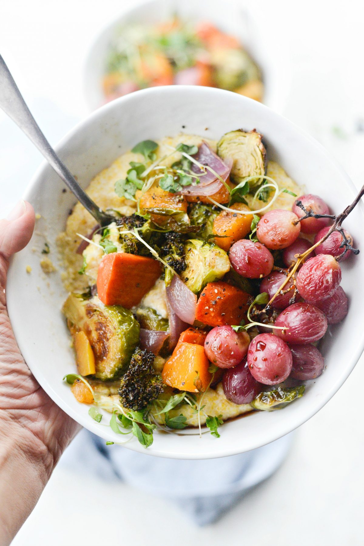 Roasted Honey Balsamic Fall Medley over Goat Cheese Polenta