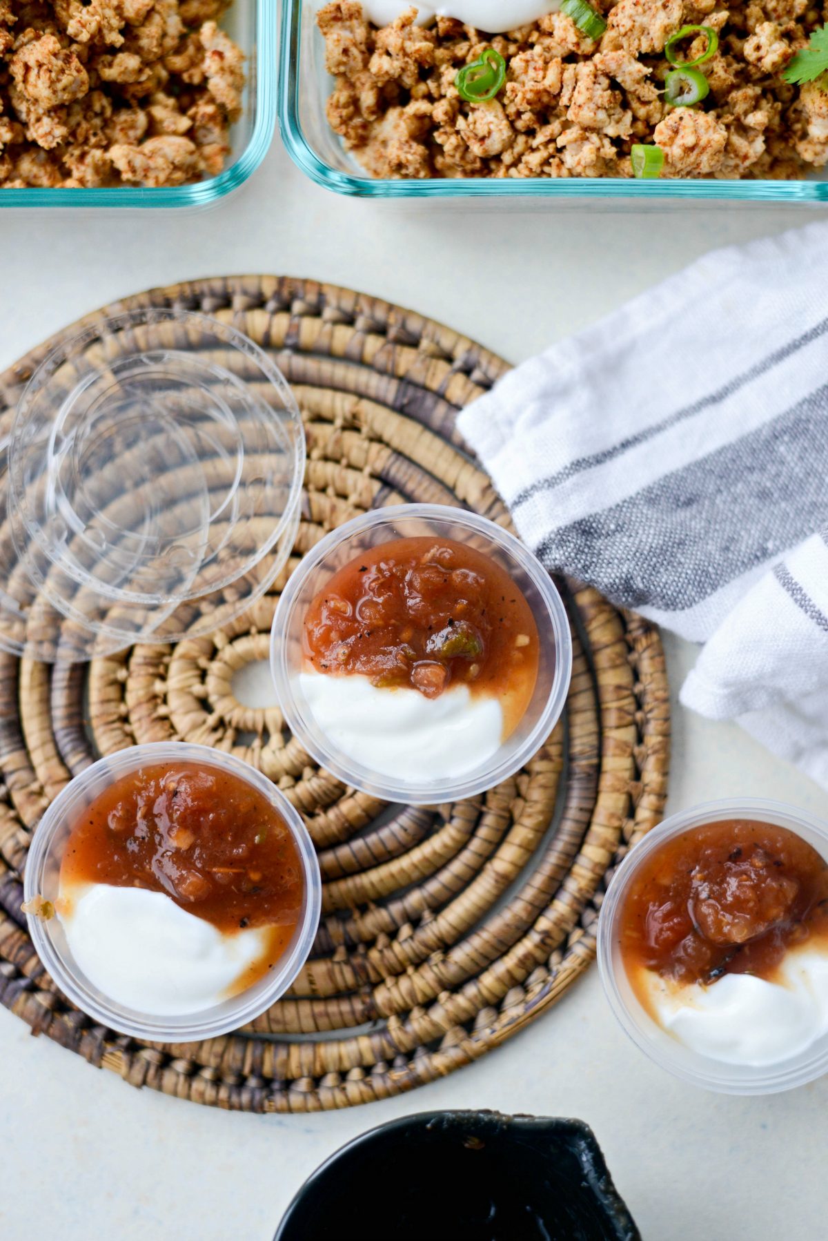 salsa and Greek yogurt in containers