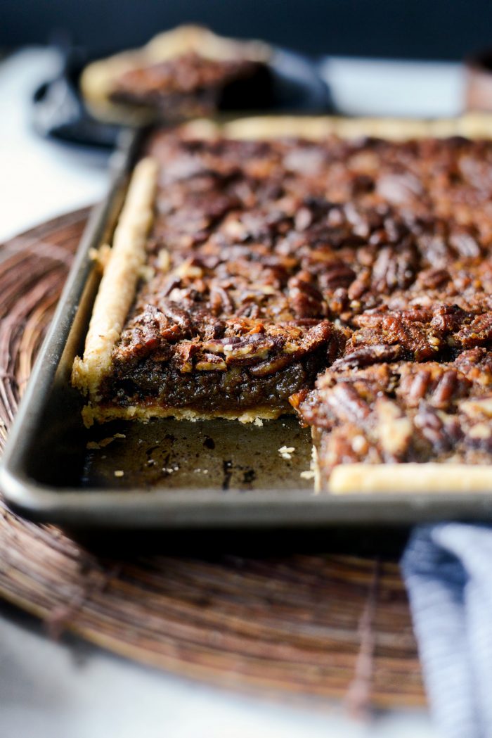 Gingerbread Pecan Slab Pie with piece missing