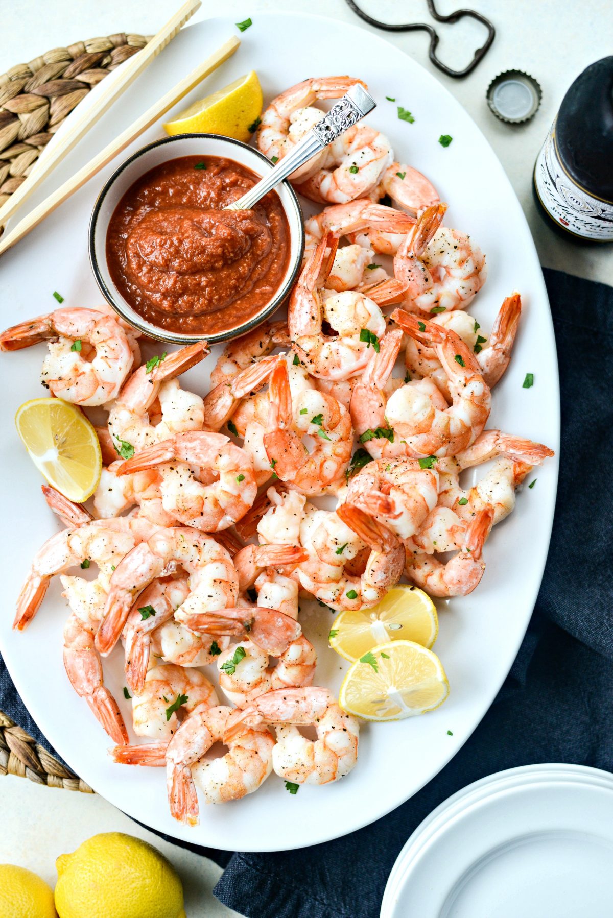 Roasted Shrimp with Homemade Cocktail Sauce on platter