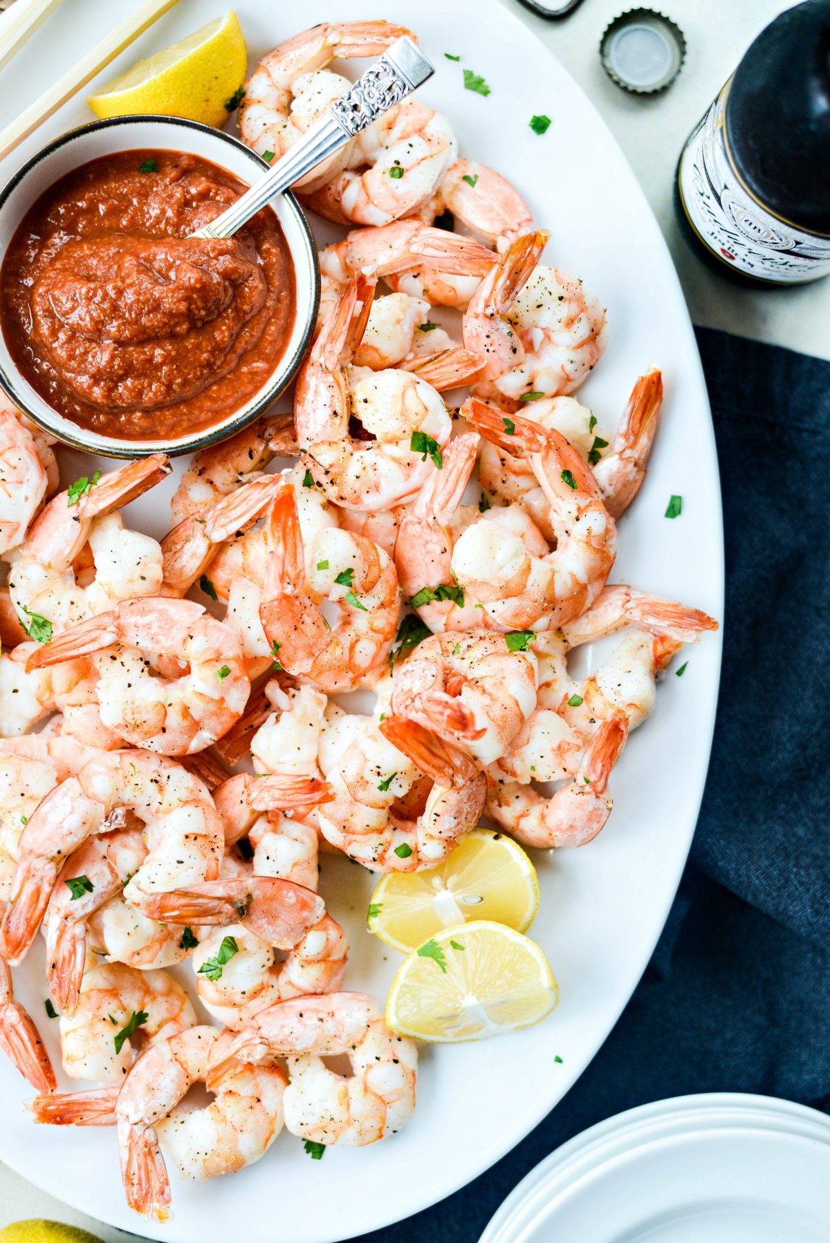 white platter of Roasted Shrimp with Homemade Cocktail Sauce