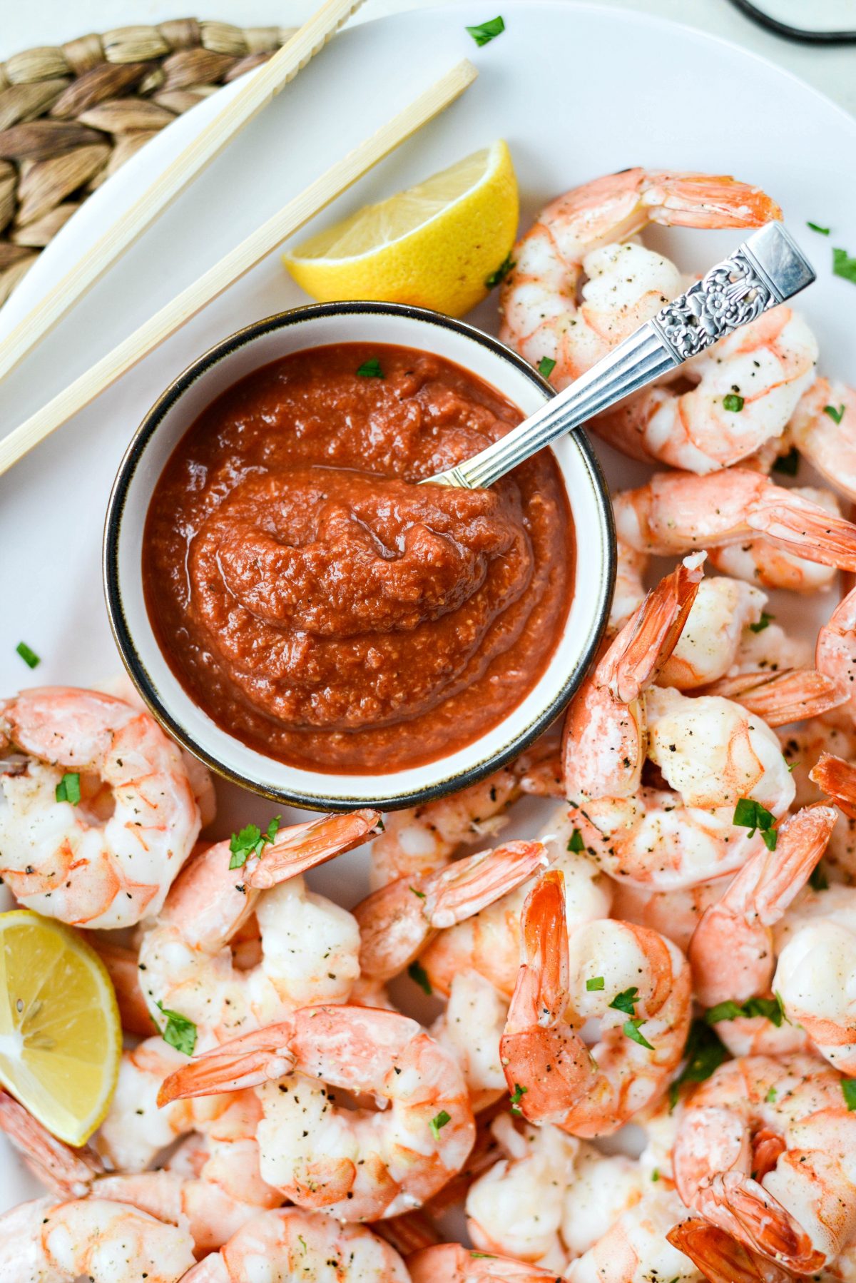 close up of cocktail sauce and shrimp