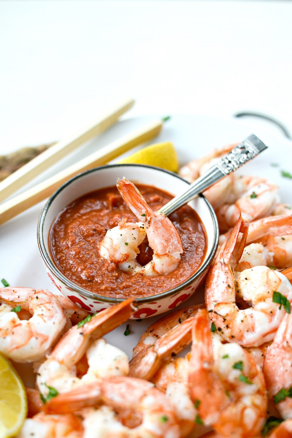 Roasted Shrimp dipped in Homemade Cocktail Sauce 