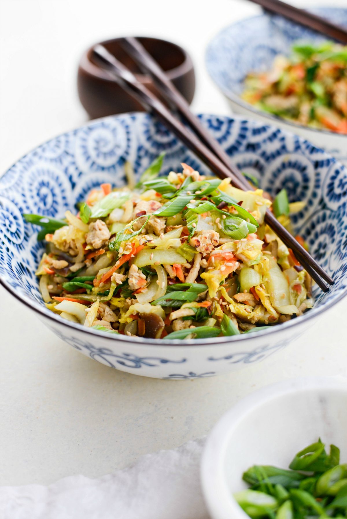 Chicken Egg Roll Bowl with chopsticks 