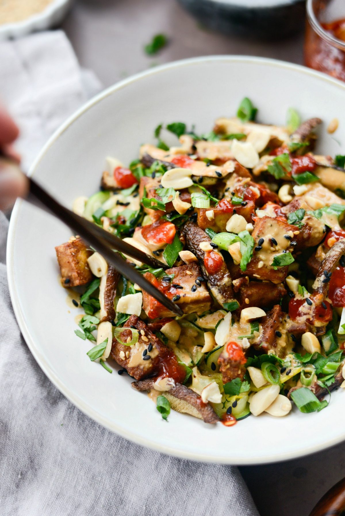 Crispy Peanut Tofu with Squash Noodles (Air Fryer)