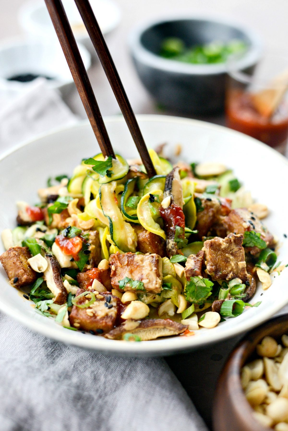 Crispy Peanut Tofu with Squash Noodles (Air Fryer) l SimplyScratch.com